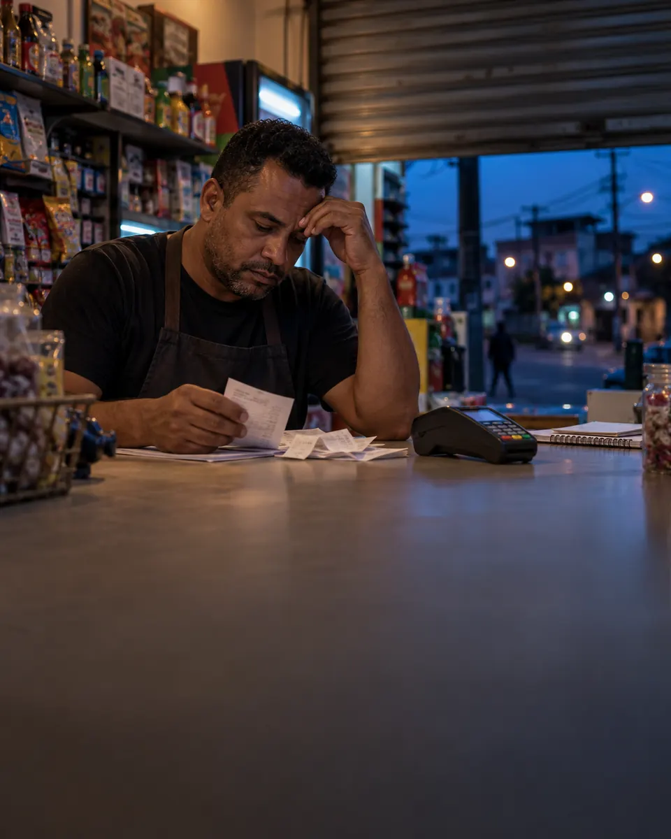 Comerciante conferindo as contas no fim do expediente