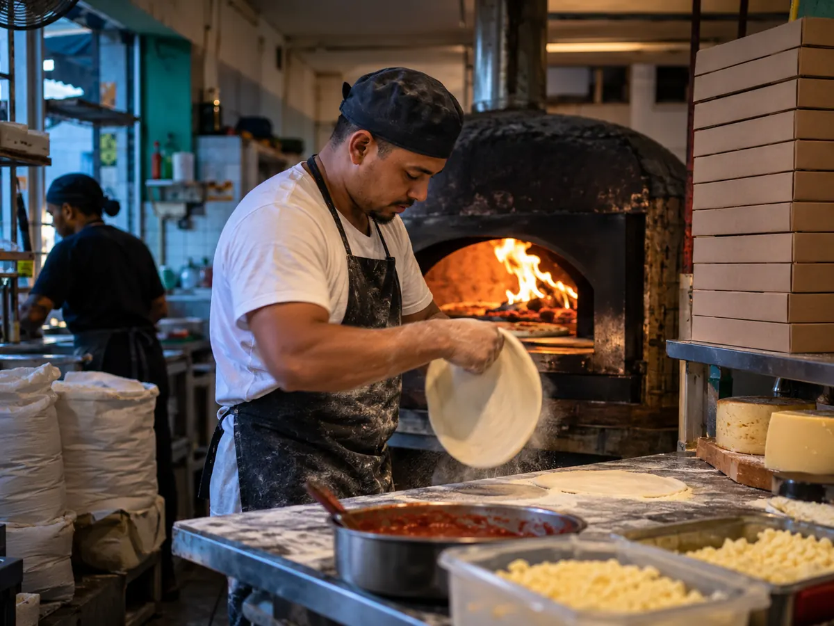 Pizzaiolo preparando massa perto do forno