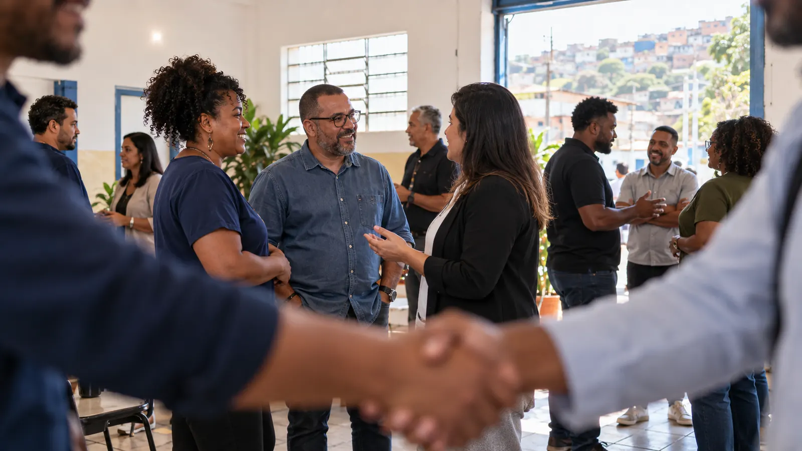 Empresários locais reunidos em um encontro comunitário